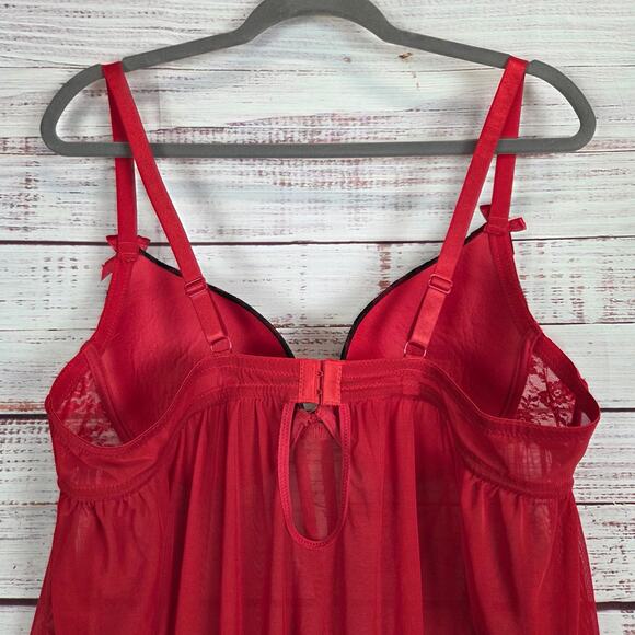 Red Babydoll Sheer Lace Slip 2XL Push Up Bra Lingerie Intimates Romantic Lounge - Picture 7 of 12